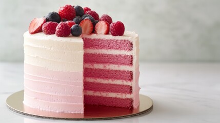 modern patisserie creation, pink ombre buttercream, assorted berry garnish, metallic cake board, vanilla sponge layers, strawberry filling, clean background, gourmet dessert photography