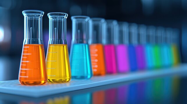Colorful laboratory glassware with various liquids arranged in a scientific setup indoors