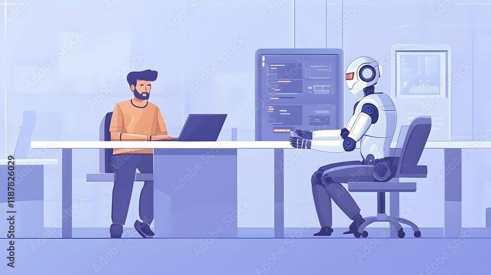 Poster man and robot collaborate on a modern workplace project