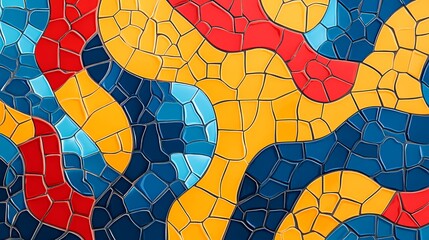 Fototapeta premium Vibrant Abstract Mosaic Pattern with Colorful Curves and Textures in Red, Yellow, Blue, and Black Shades for Artistic Interior Decor and Design