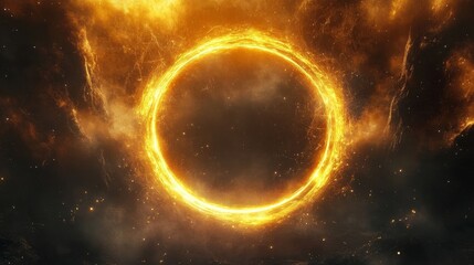 A glowing golden ring portal emanating magical light particles, dark atmospheric background, ethereal energy beams, floating luminous orbs, mystical aura, volumetric lighting, particle effects, lens
