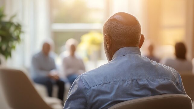 Elderly caucasian man in support group setting - Powered by Adobe