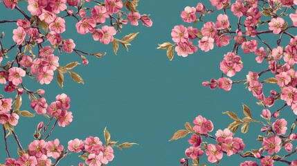 Beautiful floral arrangement with pink cherry blossoms on a teal background, perfect for spring decor, invitations, or nature-themed designs.