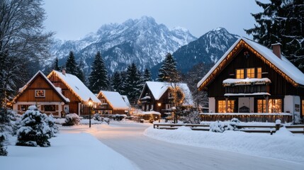 Fototapeta premium Serene Winter Village Surrounded by Snowy Mountains at Dusk with Cozy Warm Lights Illuminating Homes