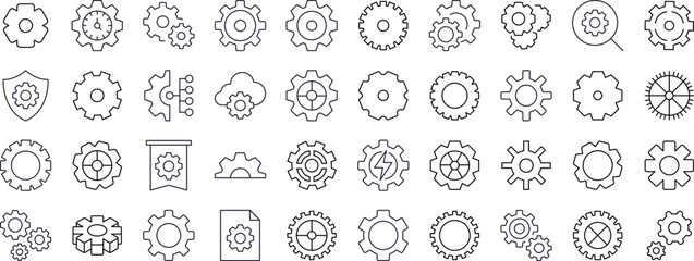 Gear and Cogwheel Line Icon Collection. Outline Signs for Graphic and Web Design, Apps, Adverts, Various Cards