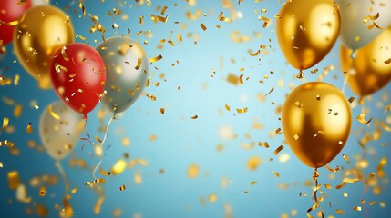 Festive celebration background with colorful flying balloons and sparkling confetti for party and holiday events