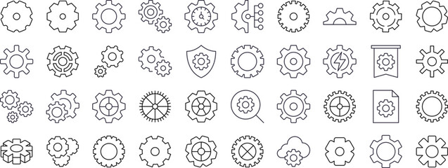 Gear and Cogwheel Thin Line Icon Set. Outline Signs for Graphic and Web Design, Apps, Adverts, Various Cards