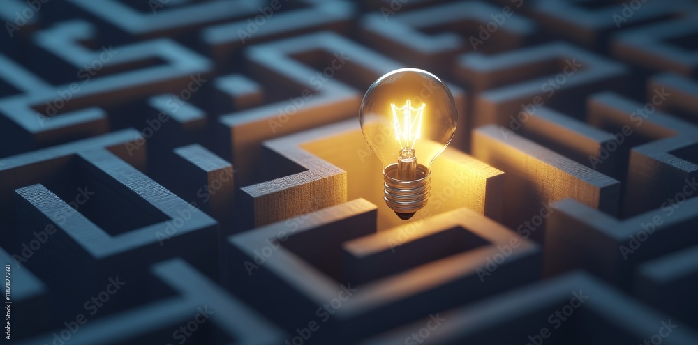 Poster illuminated light bulb in center of wooden maze symbolizing innovation and problem solving