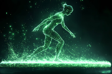 Fototapeta premium A glowing digital gymnast performing on a futuristic balance beam, symbolizing grace and technical perfection