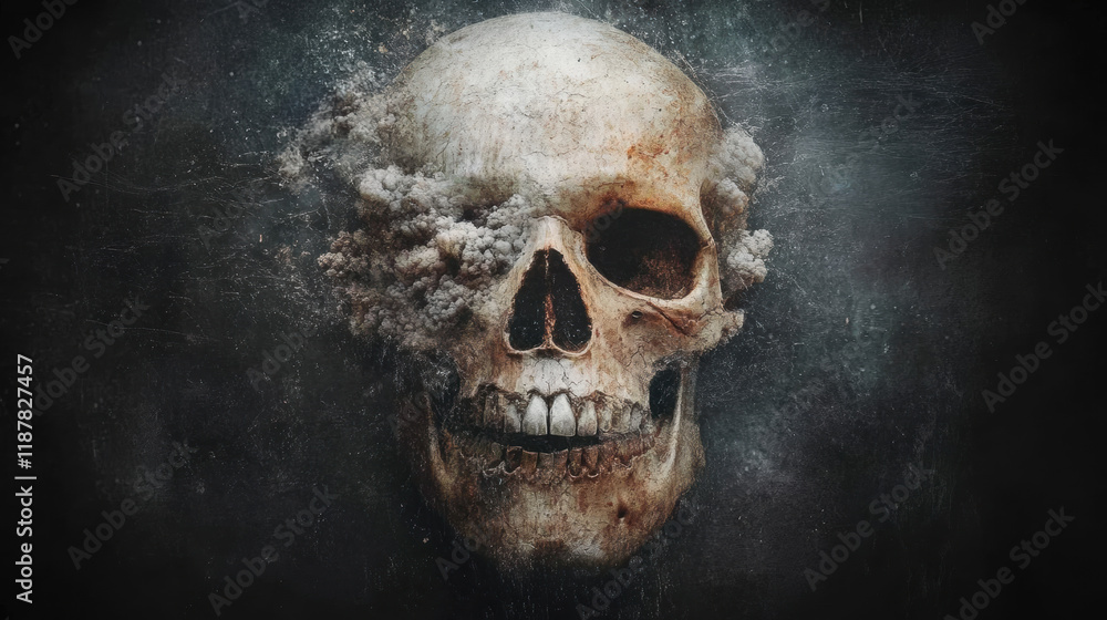 Poster a skull surrounded by a cloud of dust, creating a striking visual contrast against a dark background
