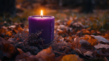 burning candles in the forest, purple wax candle with herbs, autumn landscape, burning candle on a dark background