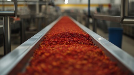 Conveyor belt with dried red peppers in food processing plant