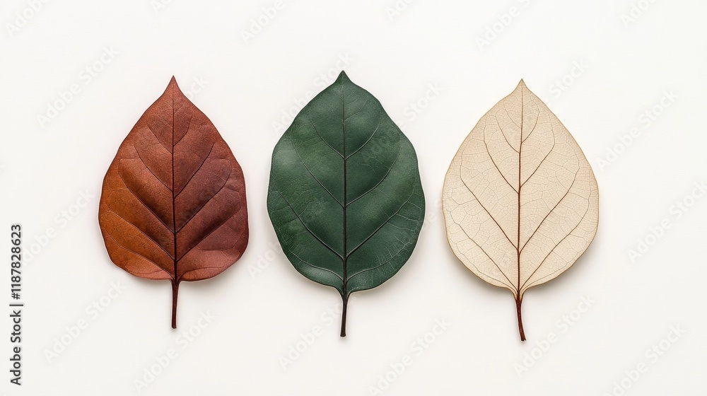 Poster three leaves displaying autumn transition on cream background