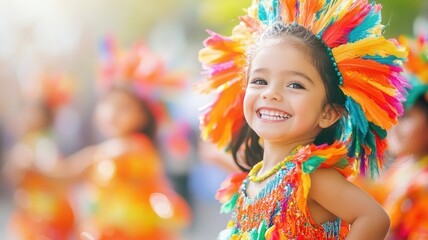 Fototapeta premium Smiling girl in colorful costume and headdress at festival