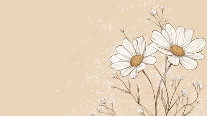 Naklejka premium Elegant illustration of white daisies on beige background with sparkles