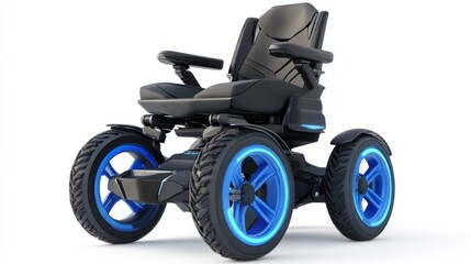 Electric wheelchair featuring vibrant blue wheels and a sleek black seat, showcased with a front-facing angle on a clean white background