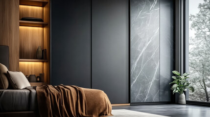 Dark Wooden wardrobe with black marble doors in scandinavian style interior design of modern bedroom