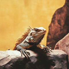 Obraz premium Close up shot of iguana resting on rock, showcasing its vibrant scales and unique features against warm background. iguana appears curious and alert