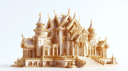 Obraz premium Elegant 3D animation of the Golden Palace, featuring ornate gables, tiered roofs, and rich golden details, isolated on a white background