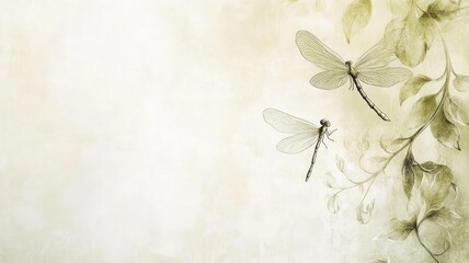 Elegant illustration of two dragonflies near green leafy branches on textured soft background