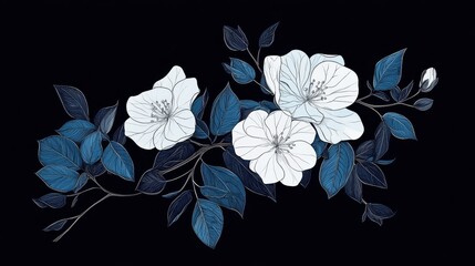 Delicate white flowers and vibrant blue leaves on black background