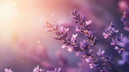 Fototapeta premium Close-up of lavender flowers with soft, warm sunlight in background