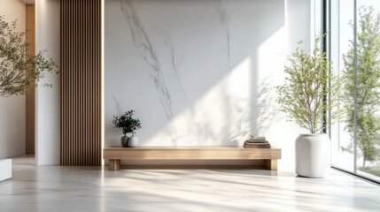Wooden bench near marble stone wall and wood  Minimalist home interior design of modern entrance hall with big window