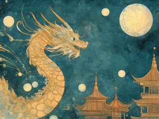 Fototapeta premium Celebration of Modern Dragon Art Abstract Universe Gold Leaf Creation Enchanted Space Elevated Perspective Concept for Chinese New Year