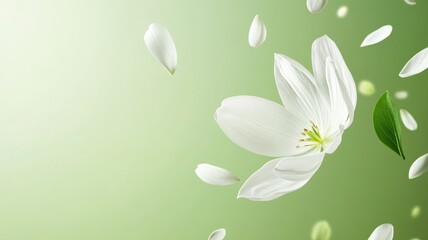 Delicate white flower and petals on green background