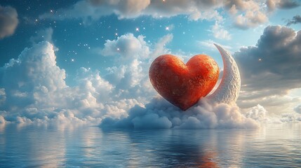 Fototapeta premium Romantic heart-shaped planet resting on a crescent moon above clouds and ocean.