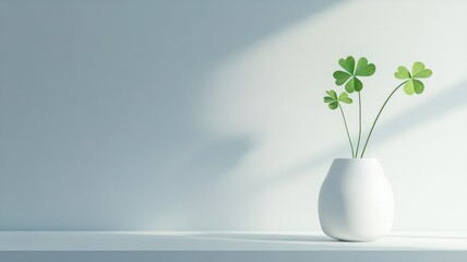 Minimalist white vase holding clover leaves on surface in soft light