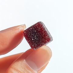 close up of hand holding shiny red gummy candy, showcasing its sparkling texture and cube shape. image captures sweetness and appeal of this treat