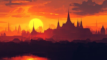 Naklejka premium Elegant poster background with Bangkok's Grand Palace and Wat Arun silhouetted against a glowing sunset, emphasizing luxury and travel adventure