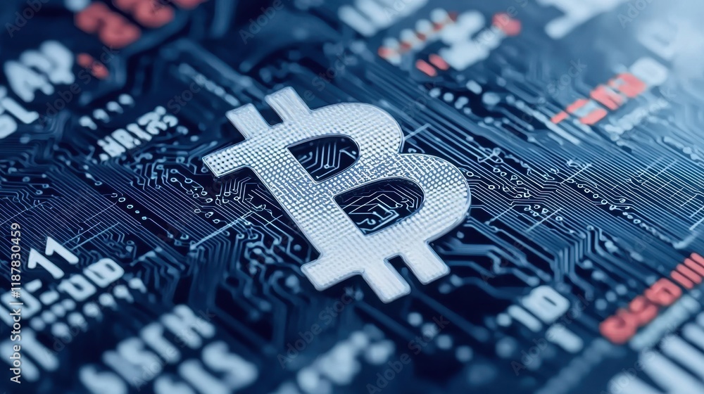 Aufkleber modern digital currency concept with bitcoin symbol on circuit board background