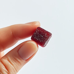 close up of human hand holding small red gummy candy, showcasing its texture and color. candy appears sweet and inviting, perfect for treat