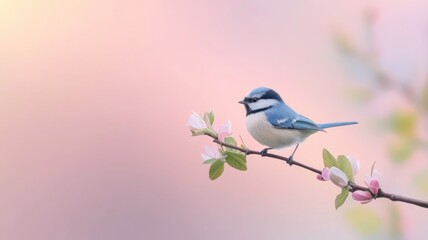 Small blue bird perched on blossoming branch in serene light