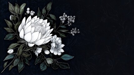 Elegant black and white floral design with detailed leaves and blossoms