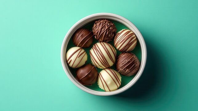 An Exquisite Collection of Decorative Chocolate Truffles Presented in a Stylish Bowl Against a Vibrant Turquoise Background