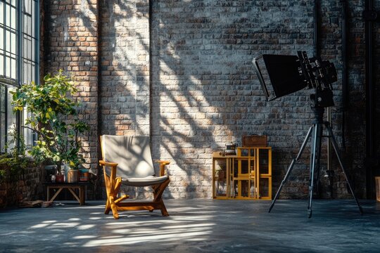 Film staging - cinematic interior showcasing a director chair, lights and cameras, capturing the essence of creativity, production ambiance, art of storytelling in a dramatic setting.