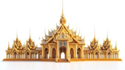Fototapeta premium Exterior view of the Golden Palace in 3D, with detailed spires and gold textures, presented on a pristine white background
