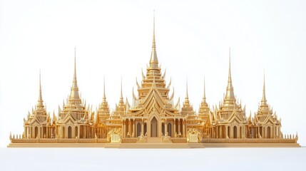 Fototapeta premium Exterior view of the Golden Palace in 3D, with detailed spires and gold textures, presented on a pristine white background