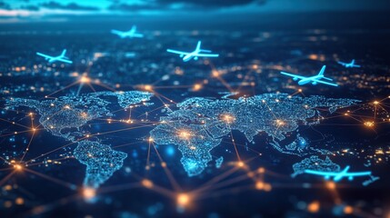 Global air travel network connection visualization.