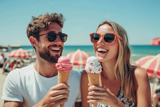 Couple enjoying ice cream cones at a seaside boardwalk, half-body shot, playful holiday moment, ocean and beach in the background, sunny day, bright and cheerful expressions, photographic style