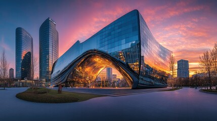 Obraz premium Modern architecture reflecting sunset.