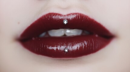 Fototapeta premium Glamorous crimson lips with sparkling crystal piercings for fashion photography