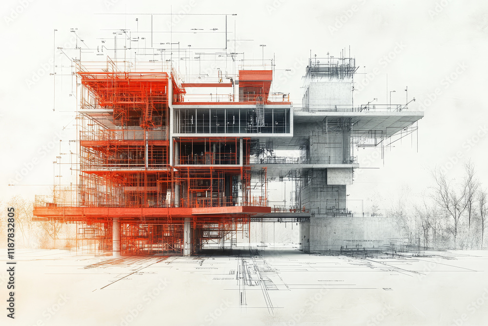 Poster architectural visualization showcasing modern structure with intricate details