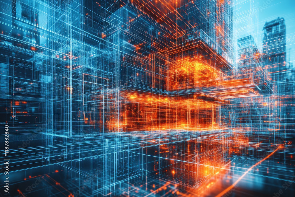 Poster architectural visualization with glowing lines and structures in blue and orange tones