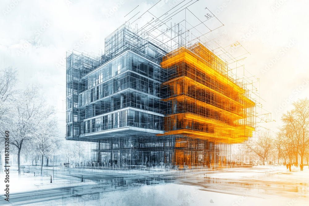 Aufkleber architectural visualization of modern building design with structural elements