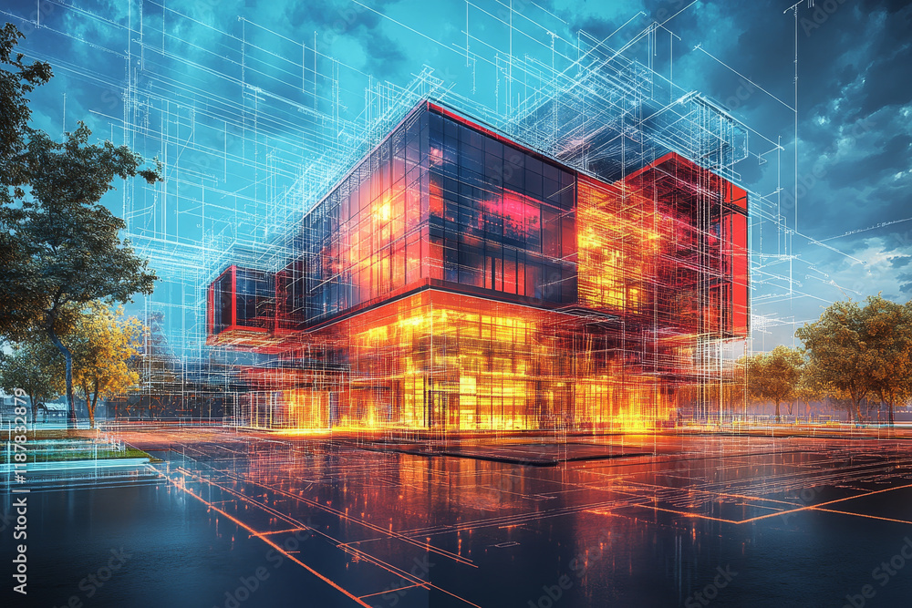 Poster architectural visualization of modern building with vibrant colors and dynamic lines
