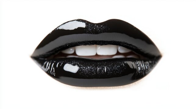 Glossy black lips with sparkling silver overlay - bold beauty glamour design for posters